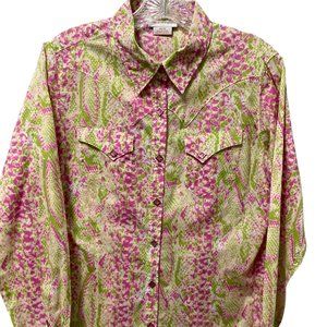 Ariat Women's Pink and Green Long Sleeve Button Down Western Shirt Sz L